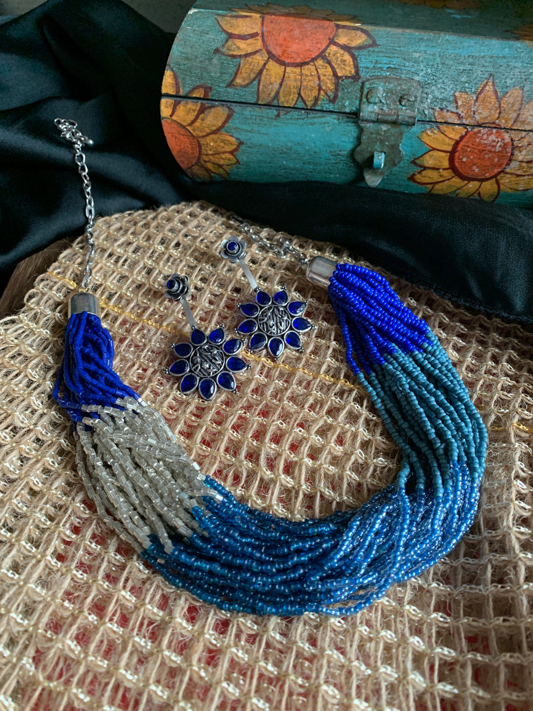 Shaded Blue and Silver Necklace with Statement Danglers - SHIVKA