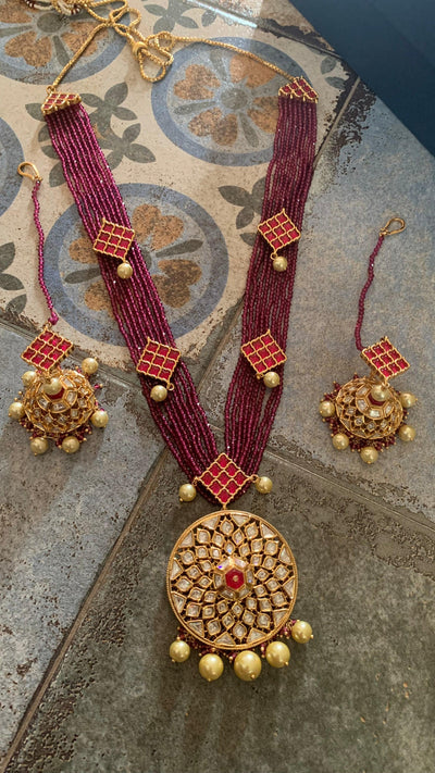 Kundan Pendant Ruby Necklace with Earrings - SHIVKA
