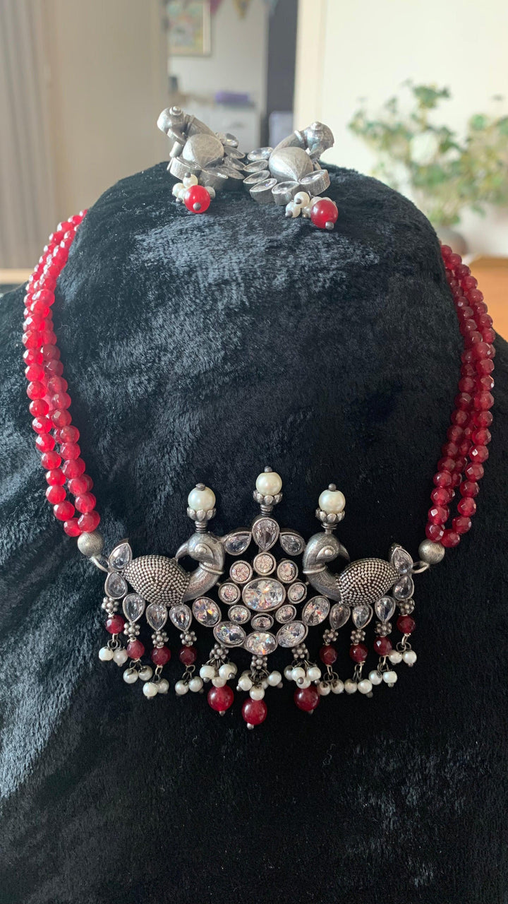 Statement Zirconia Short Necklace with Peacock Studs - SHIVKA