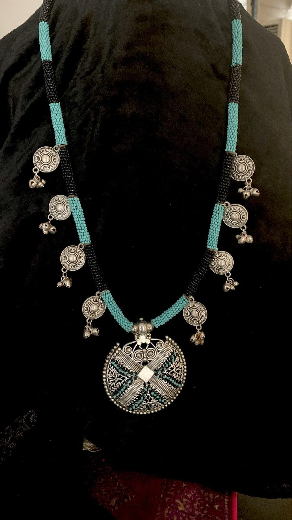 Turquoise and Black Tribal Pendant Long Necklace - SHIVKA
