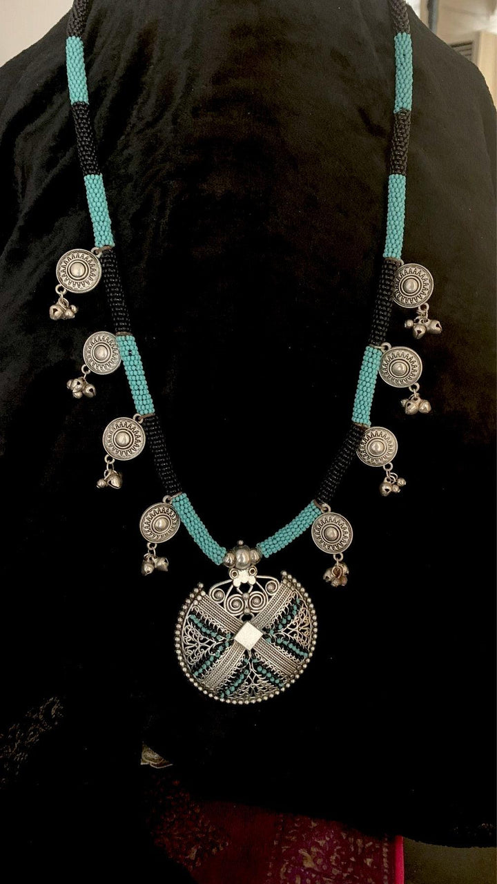 Turquoise and Black Tribal Pendant Long Necklace - SHIVKA