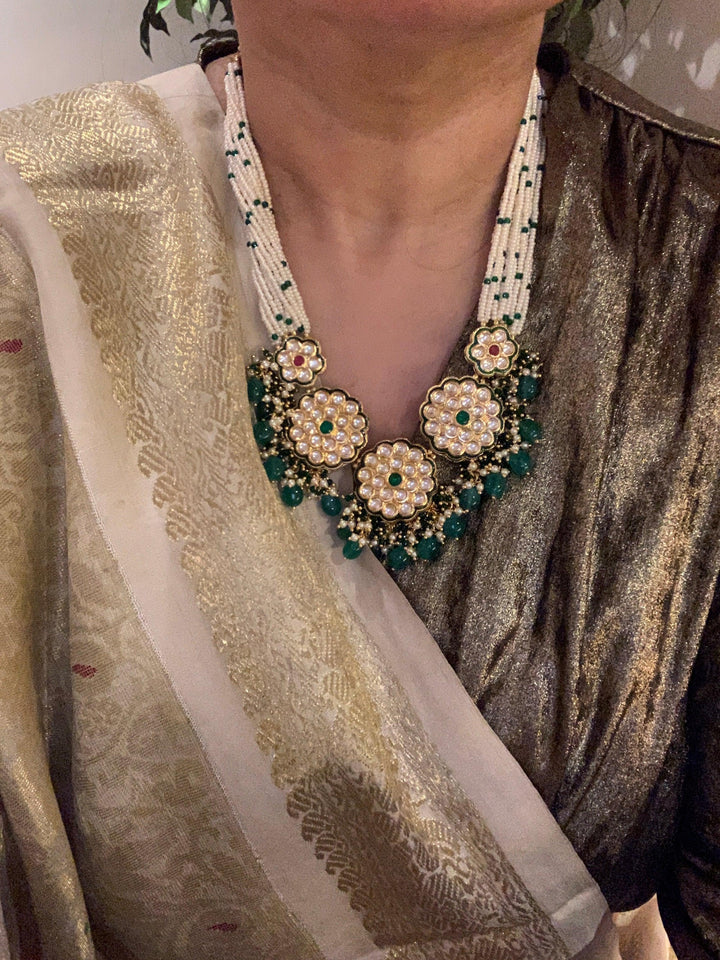 Traditional Flower Kundan Necklace with Earrings - SHIVKA