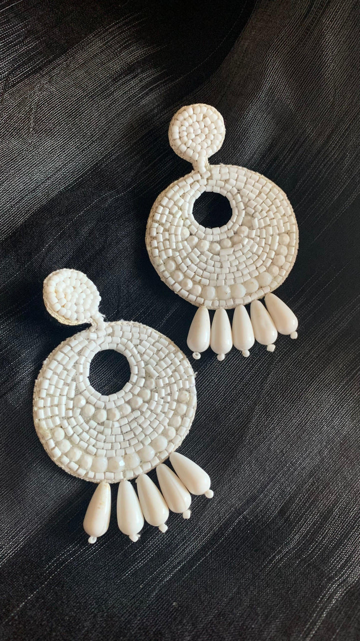 White Beaded Fabric Earrings - SHIVKA