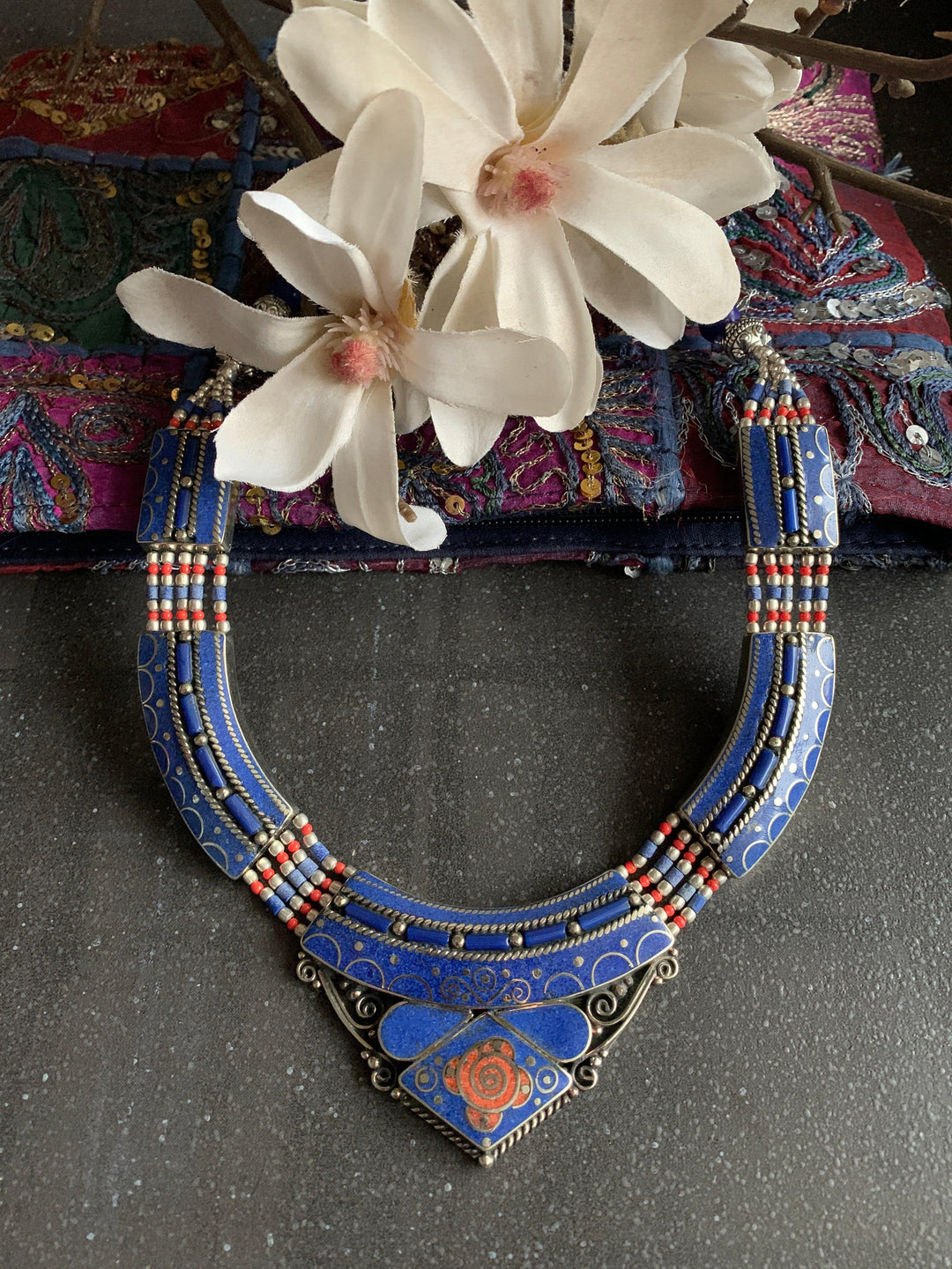 Lapis Lazuli Silver Tone Necklace - SHIVKA