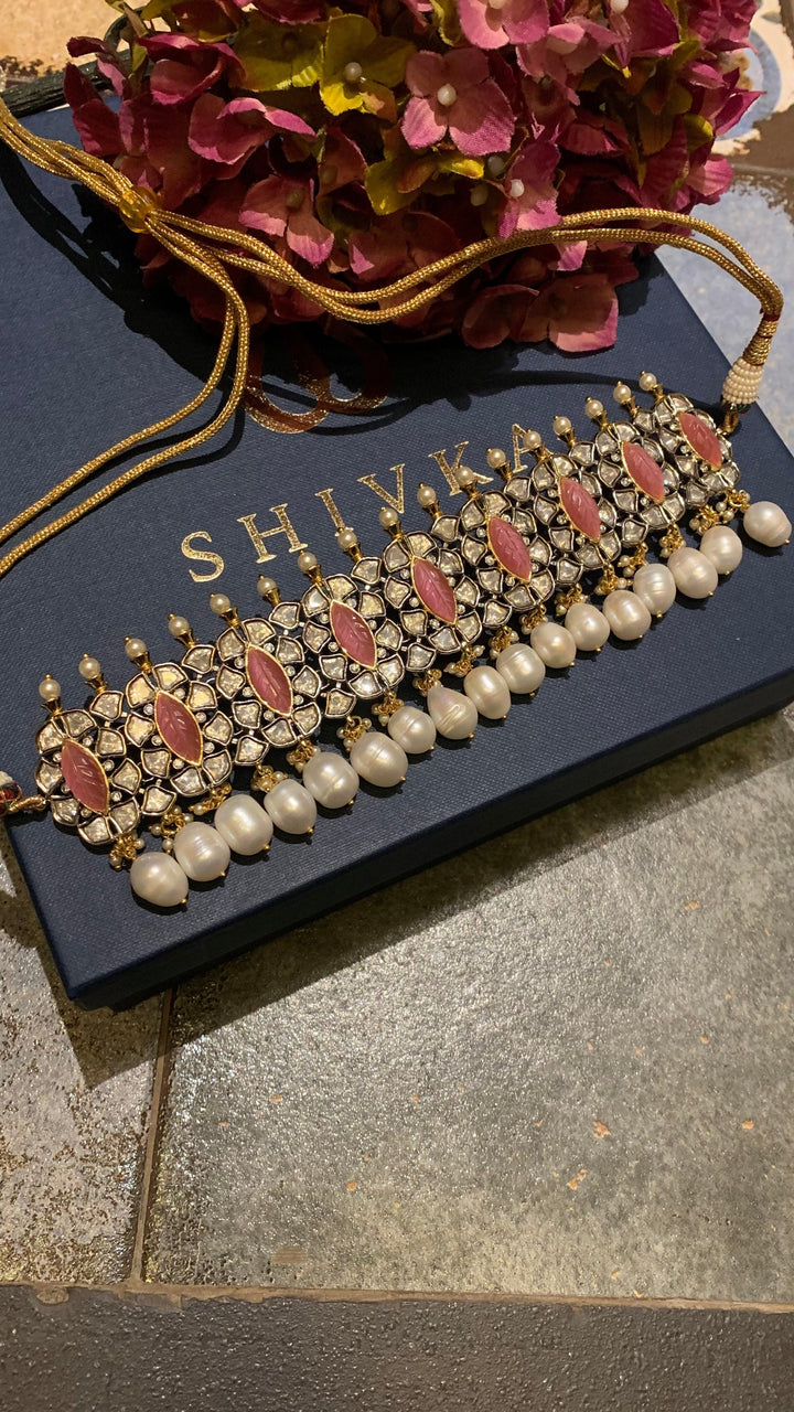 Scintillating Pink Kundan Choker with Earrings - SHIVKA