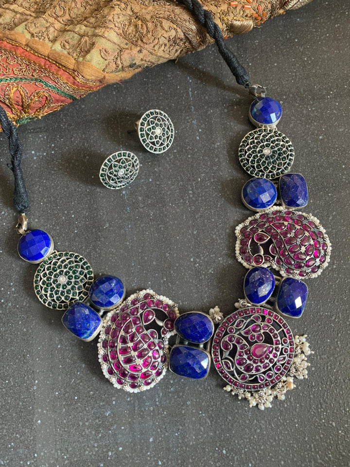Pure 925 Silver Lapis Lazuli Kemp Necklace with Studs - SHIVKA
