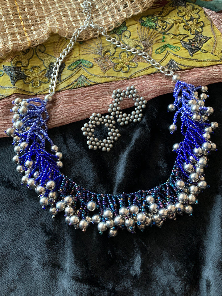 Blue and Silver Tasseled Necklace with Studs