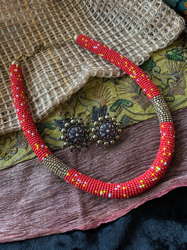 Red Beaded Necklace with Antique Studs - SHIVKA