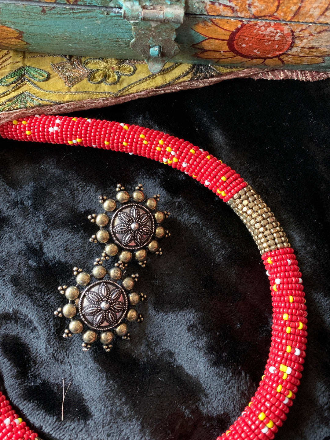 Red Beaded Necklace with Antique Studs - SHIVKA