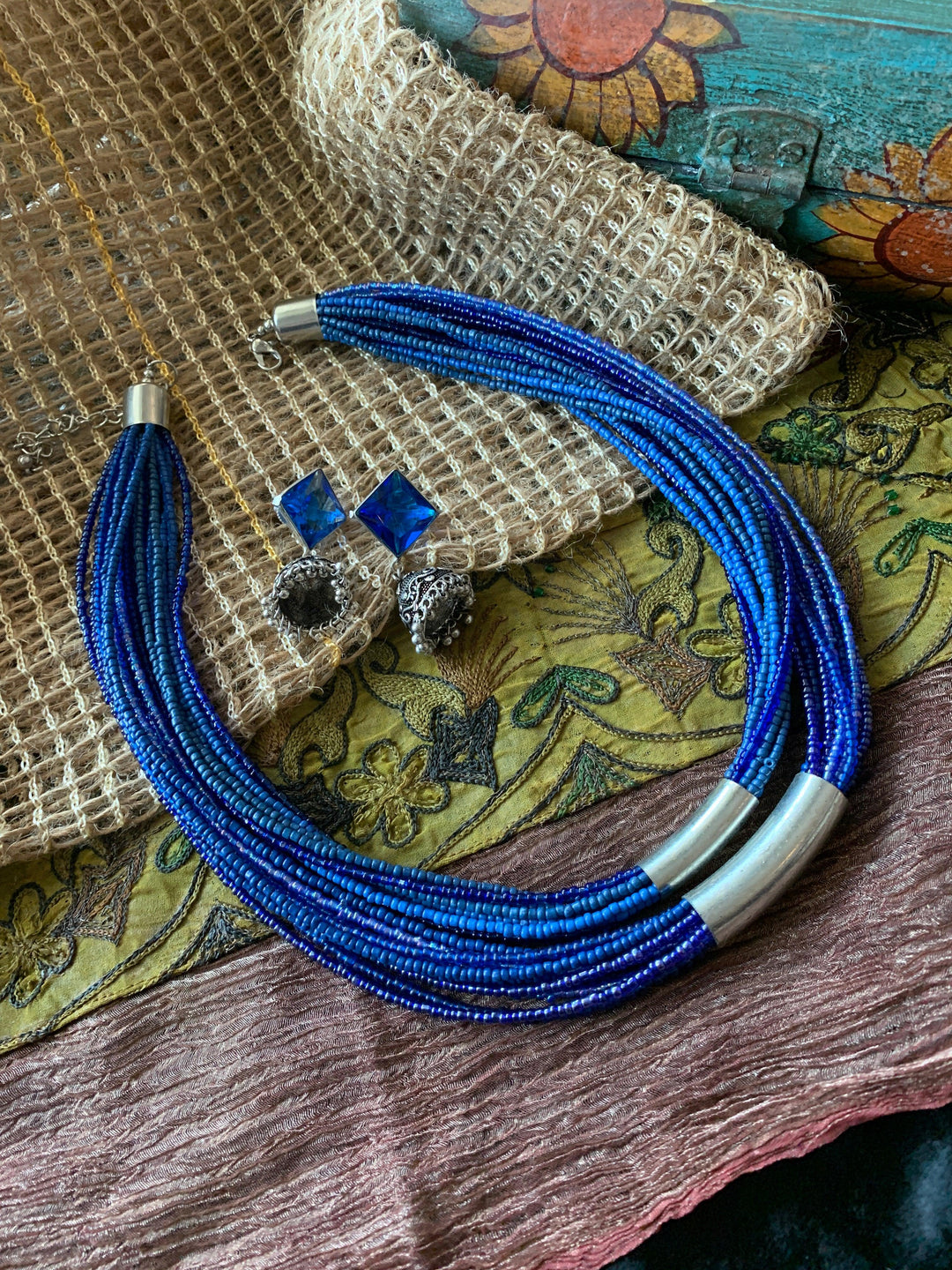 Royal Blue Ethnic Necklace with Antique Jhumkis - SHIVKA