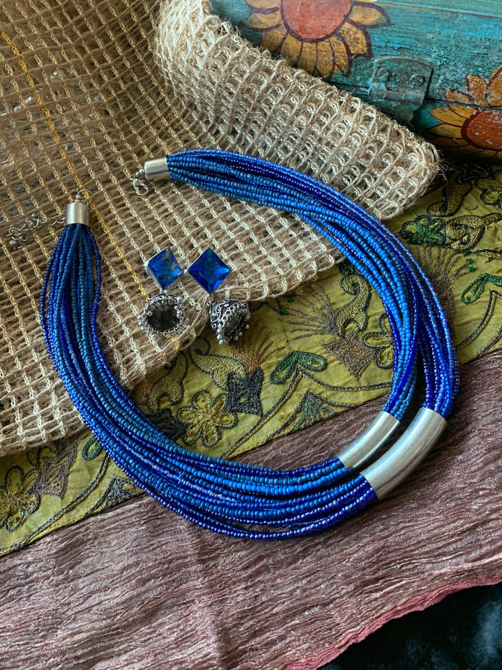 Royal Blue Ethnic Necklace with Antique Jhumkis - SHIVKA