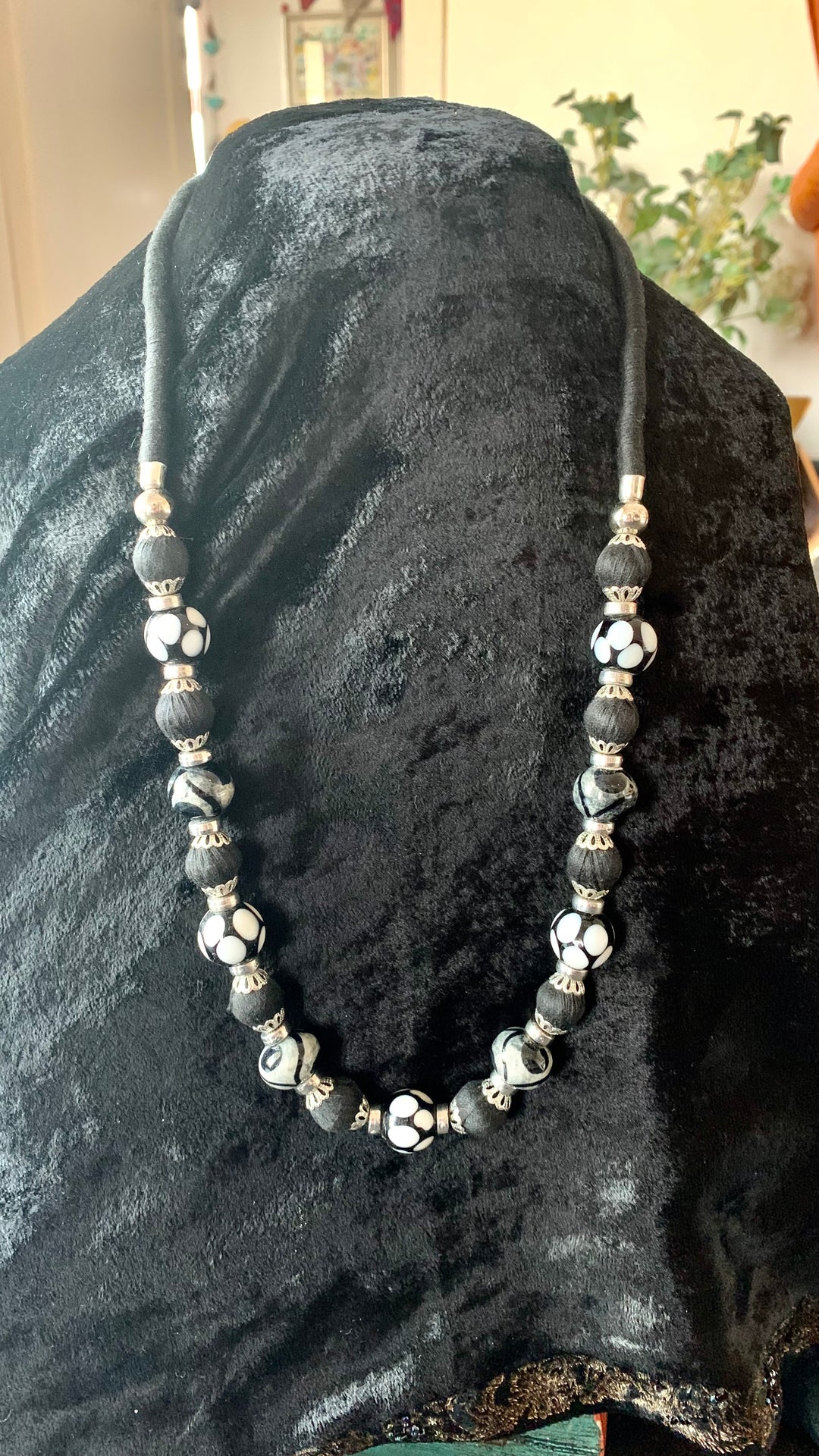 Black and Silver Beaded Necklace with Statement Studs