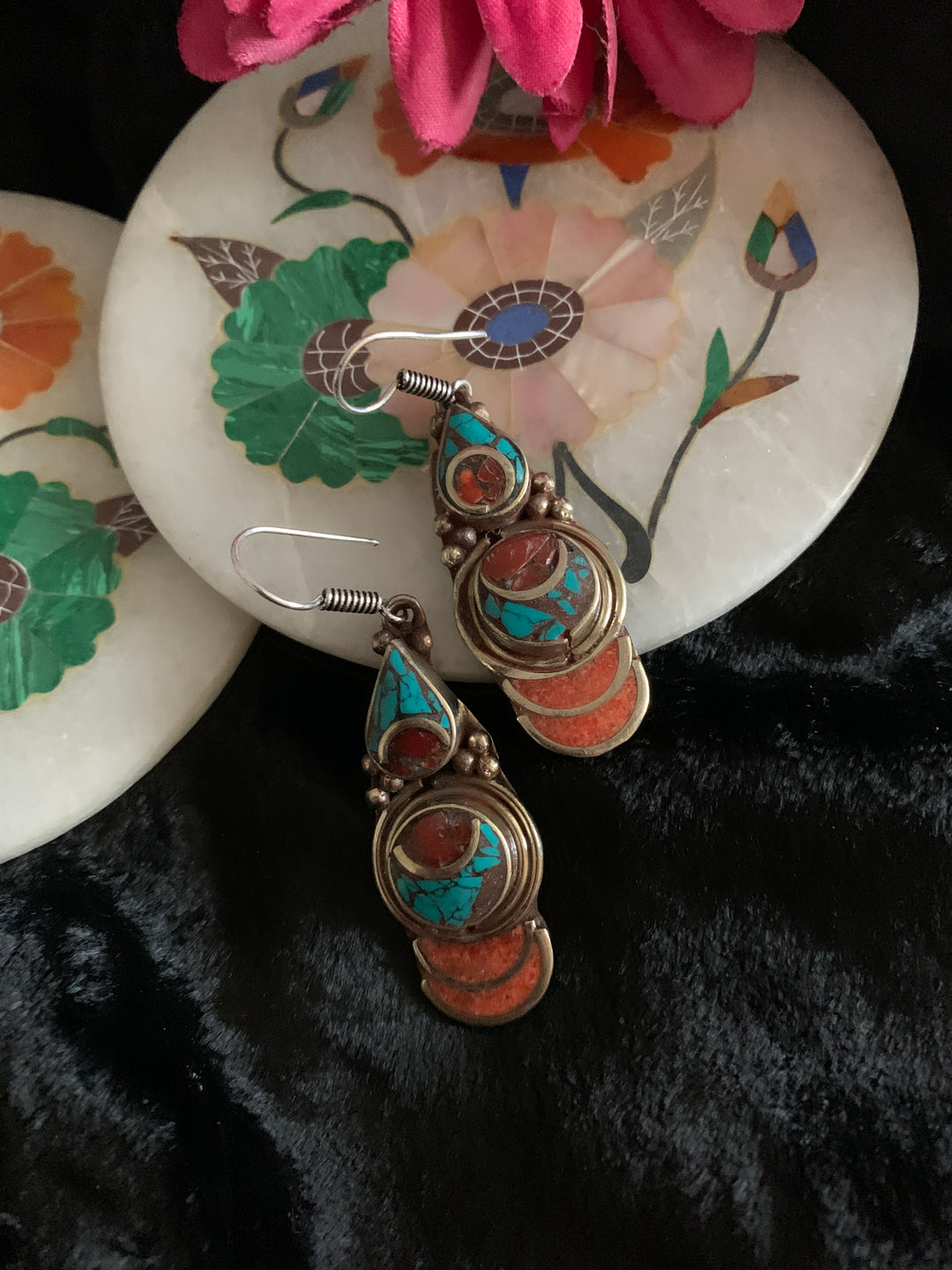 Antique Coral and Turquoise Earrings