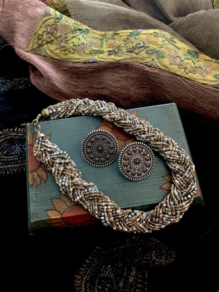 Statement Beaded Necklace with Statement Studs - SHIVKA