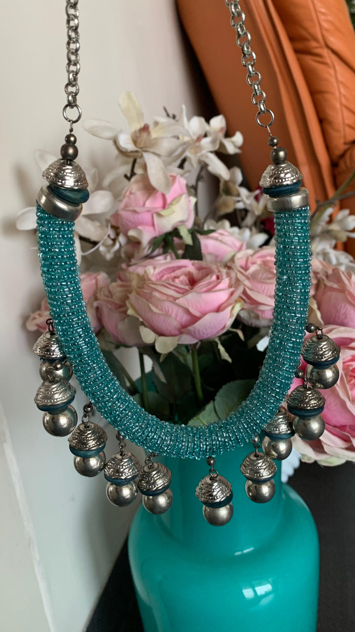 Statement blue Beads Tasseled Hasli Necklace with Earrings - SHIVKA