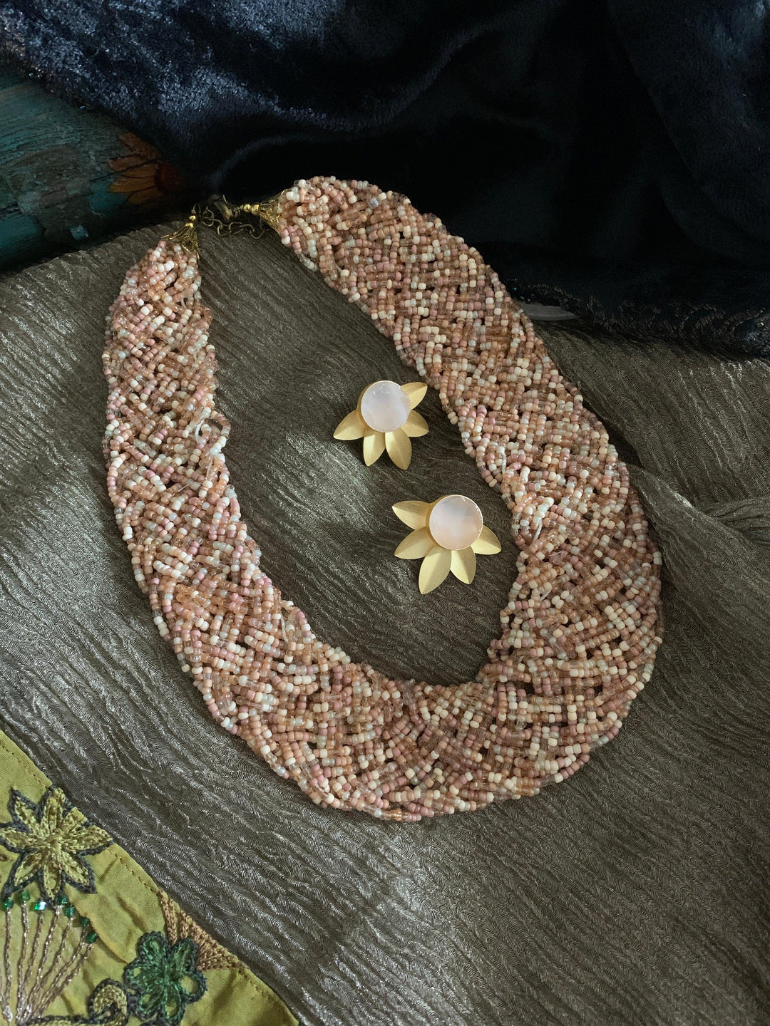 Statement Beaded Necklace with Gemstones Studs - SHIVKA