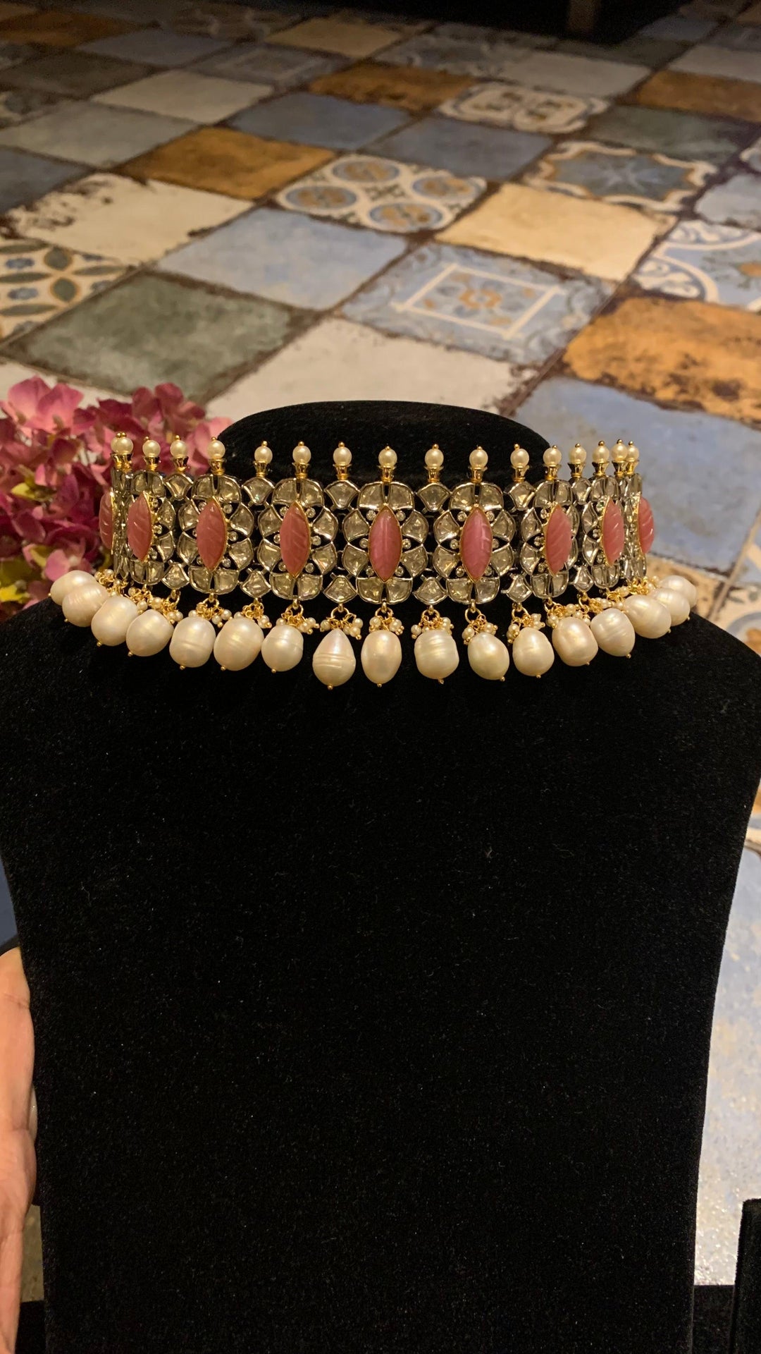 Scintillating Pink Kundan Choker with Earrings - SHIVKA