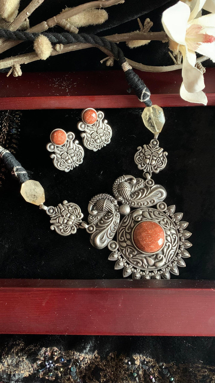 Vintage Carved Pendant Necklace with Studs - SHIVKA