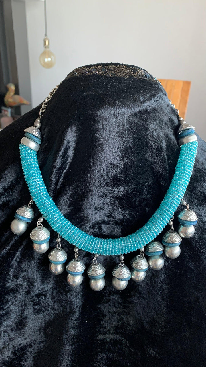 Statement blue Beads Tasseled Hasli Necklace with Earrings - SHIVKA