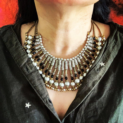 Tribal Beaded Necklace with Vintage Studs - SHIVKA