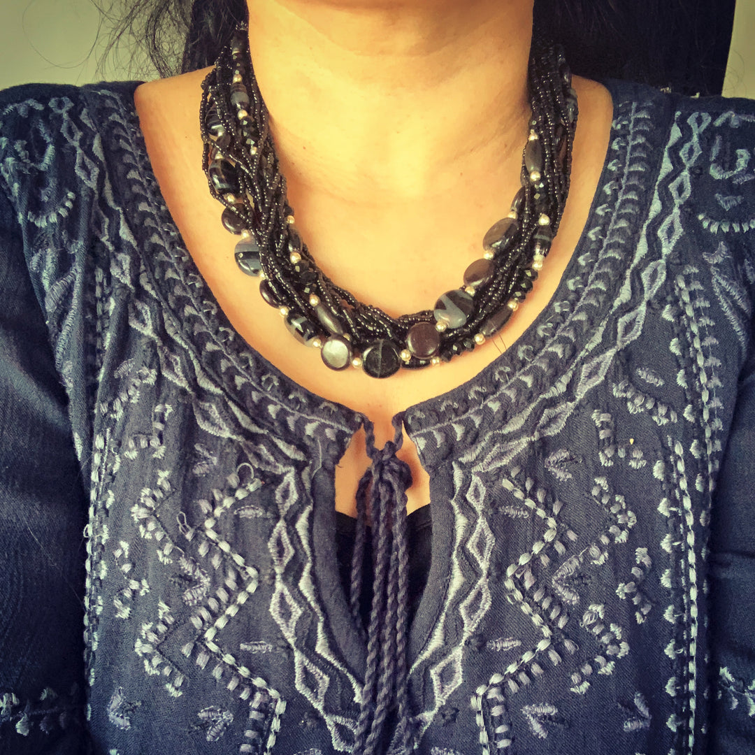 Black Beaded Necklace with Oversized Studs