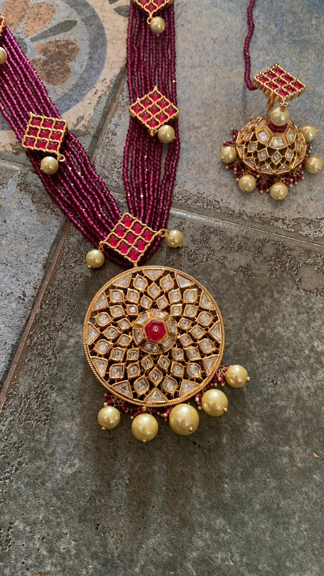 Kundan Pendant Ruby Necklace with Earrings - SHIVKA