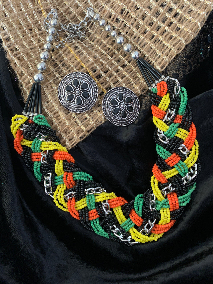 Multicoloured Beaded Necklace with Studs - SHIVKA