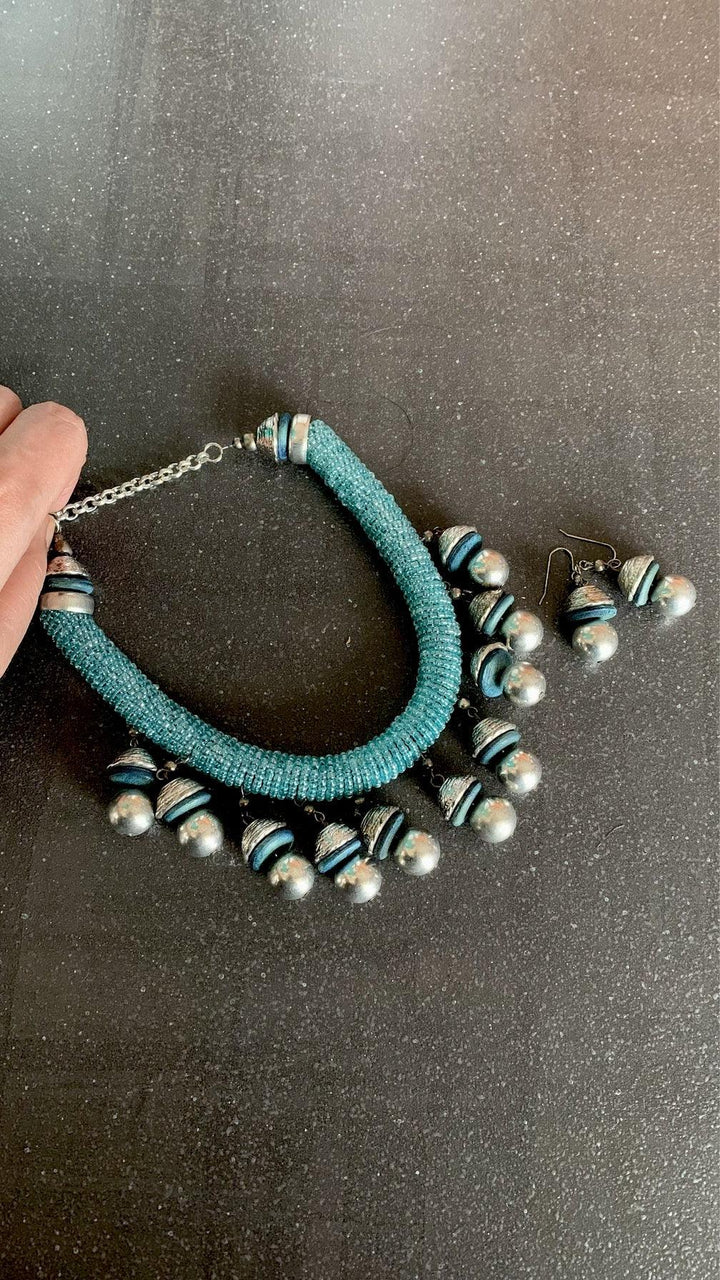 Statement blue Beads Tasseled Hasli Necklace with Earrings - SHIVKA