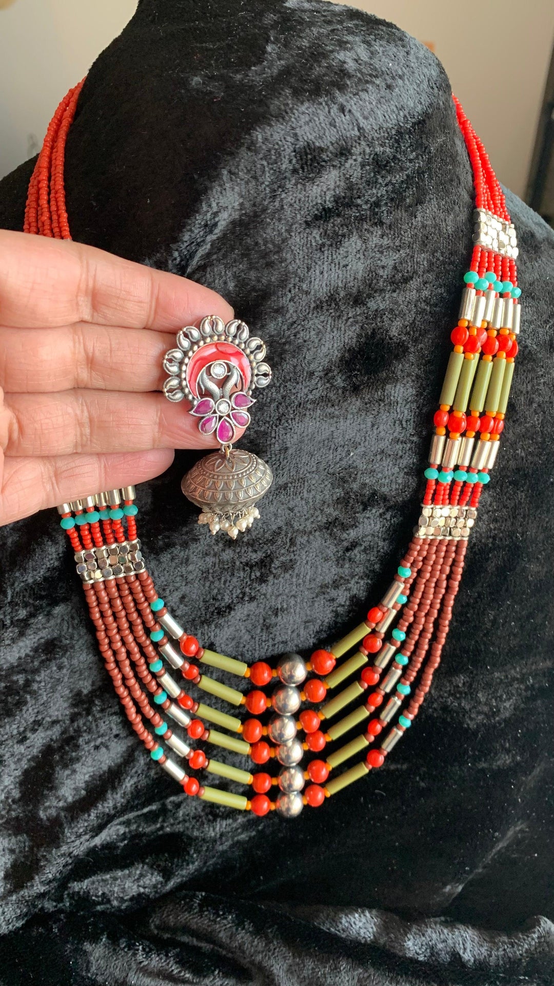 Trendy Coral Necklace with Enamelled Dome Jhumkas - SHIVKA