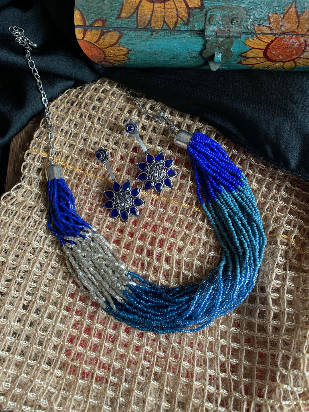 Shaded Blue and Silver Necklace with Statement Danglers - SHIVKA