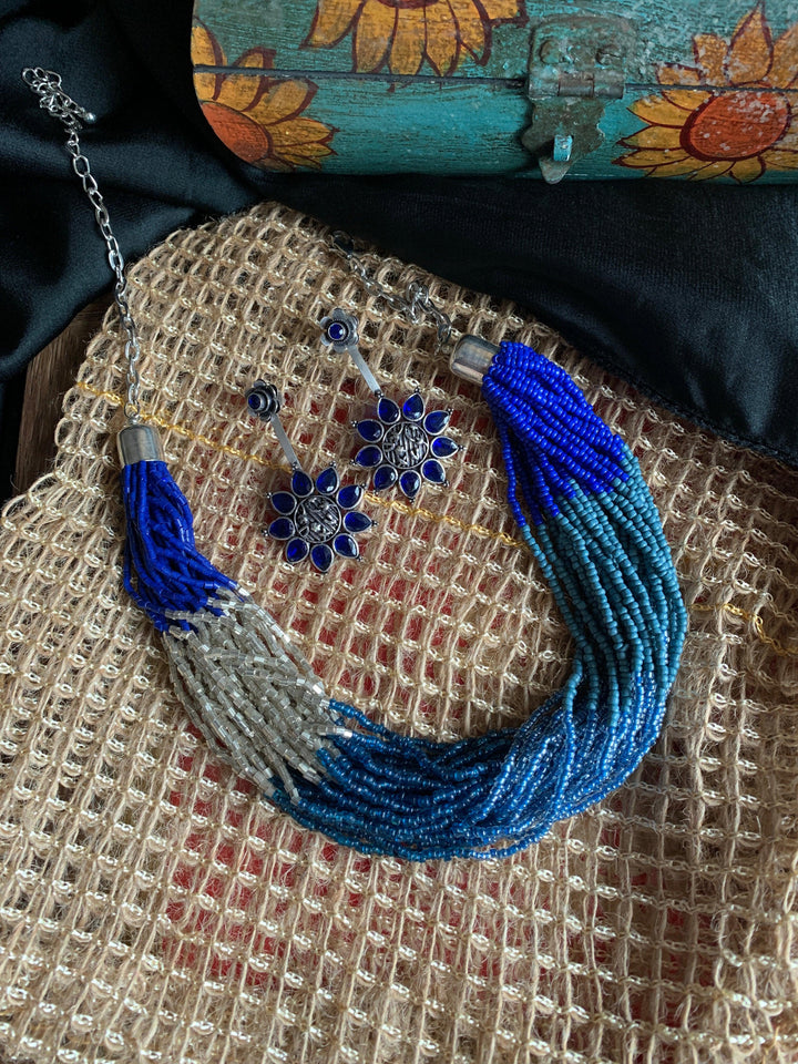 Shaded Blue and Silver Necklace with Statement Danglers - SHIVKA