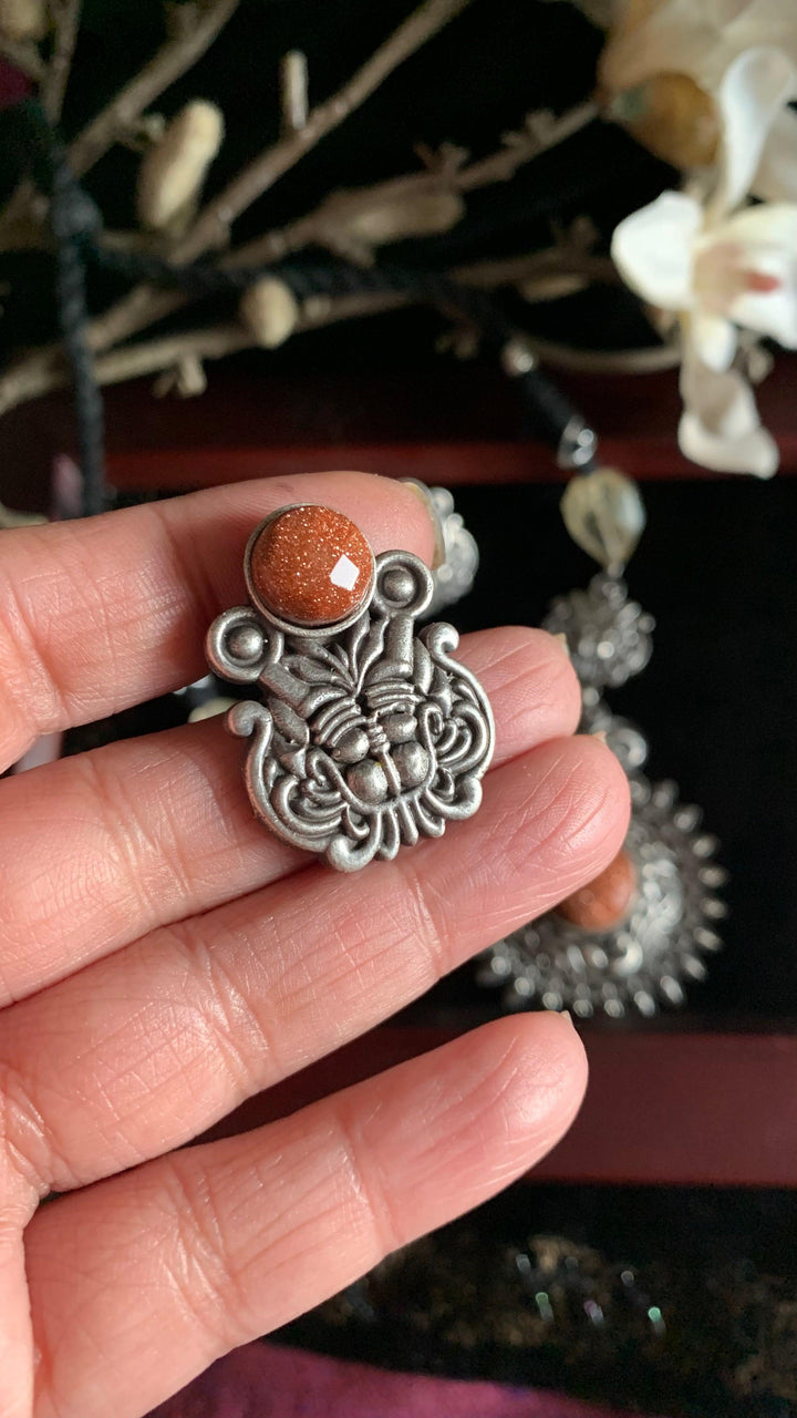 Vintage Carved Pendant Necklace with Studs - SHIVKA