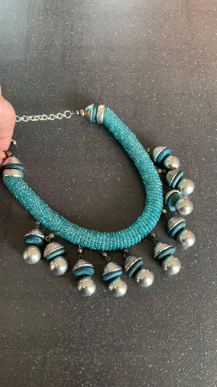 Statement blue Beads Tasseled Hasli Necklace with Earrings - SHIVKA