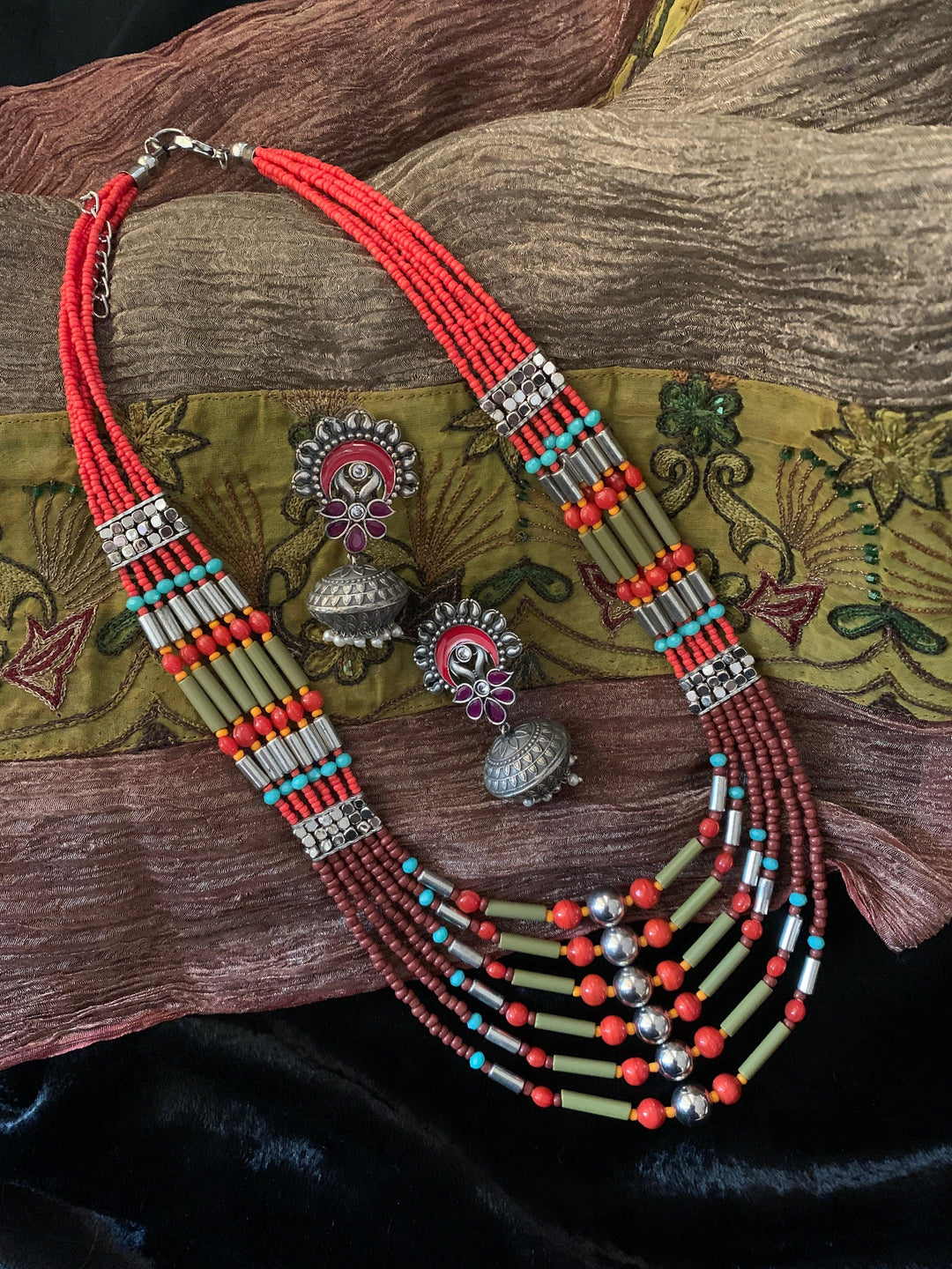 Trendy Coral Necklace with Enamelled Dome Jhumkas - SHIVKA