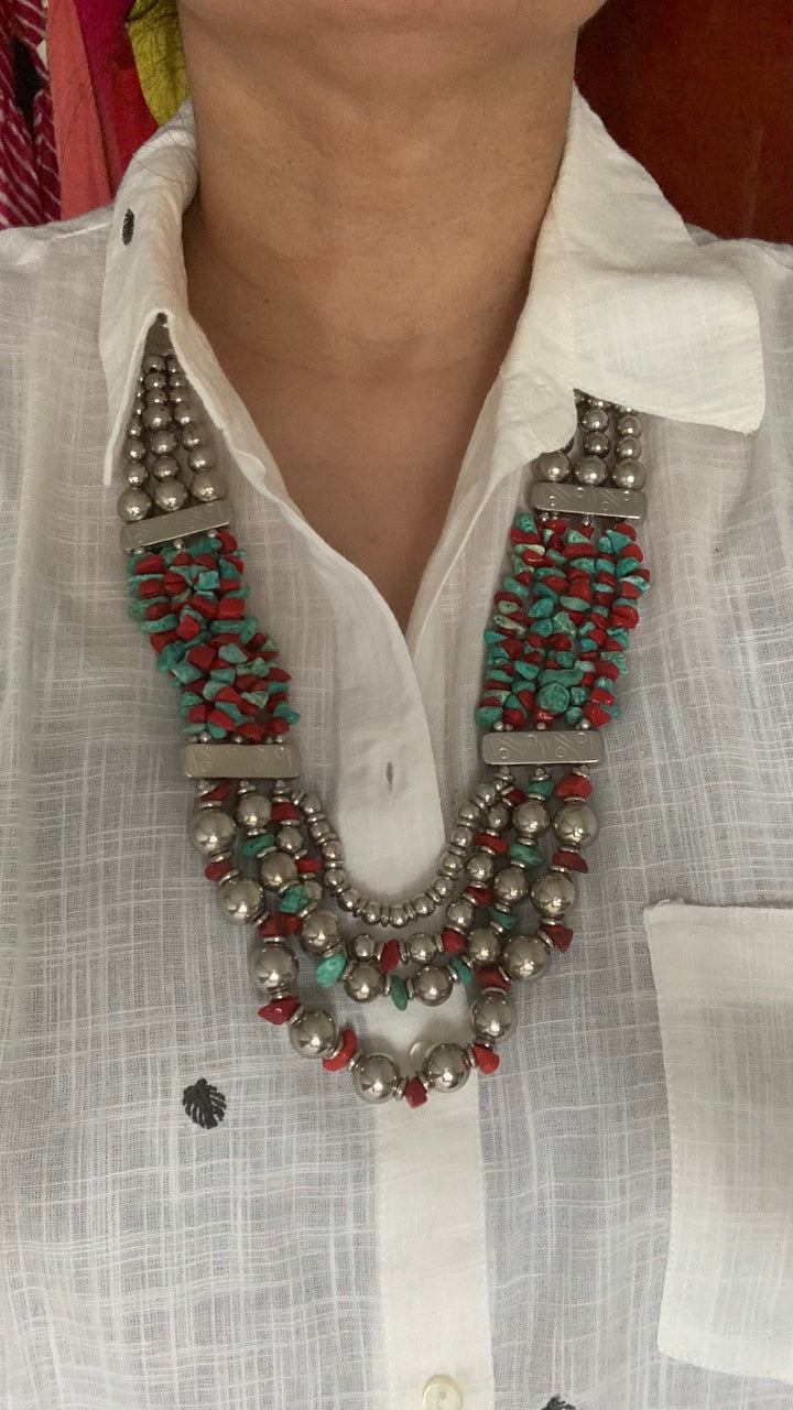 Boho Chic Coral and Turquoise Brass Necklace