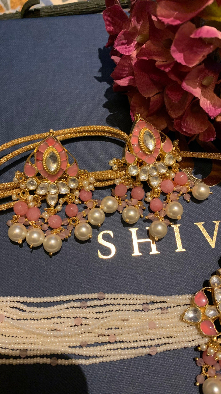 Pink Pearls Choker with Statement Earrings - SHIVKA