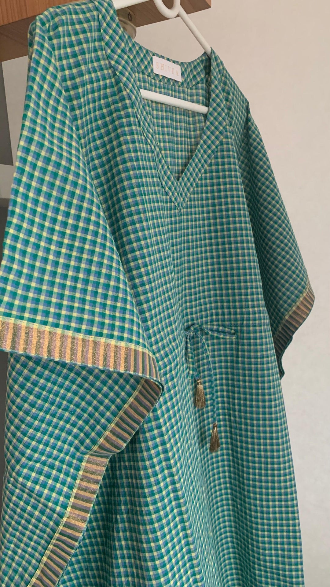 Green Checkered Cotton Kaftan - SHIVKA