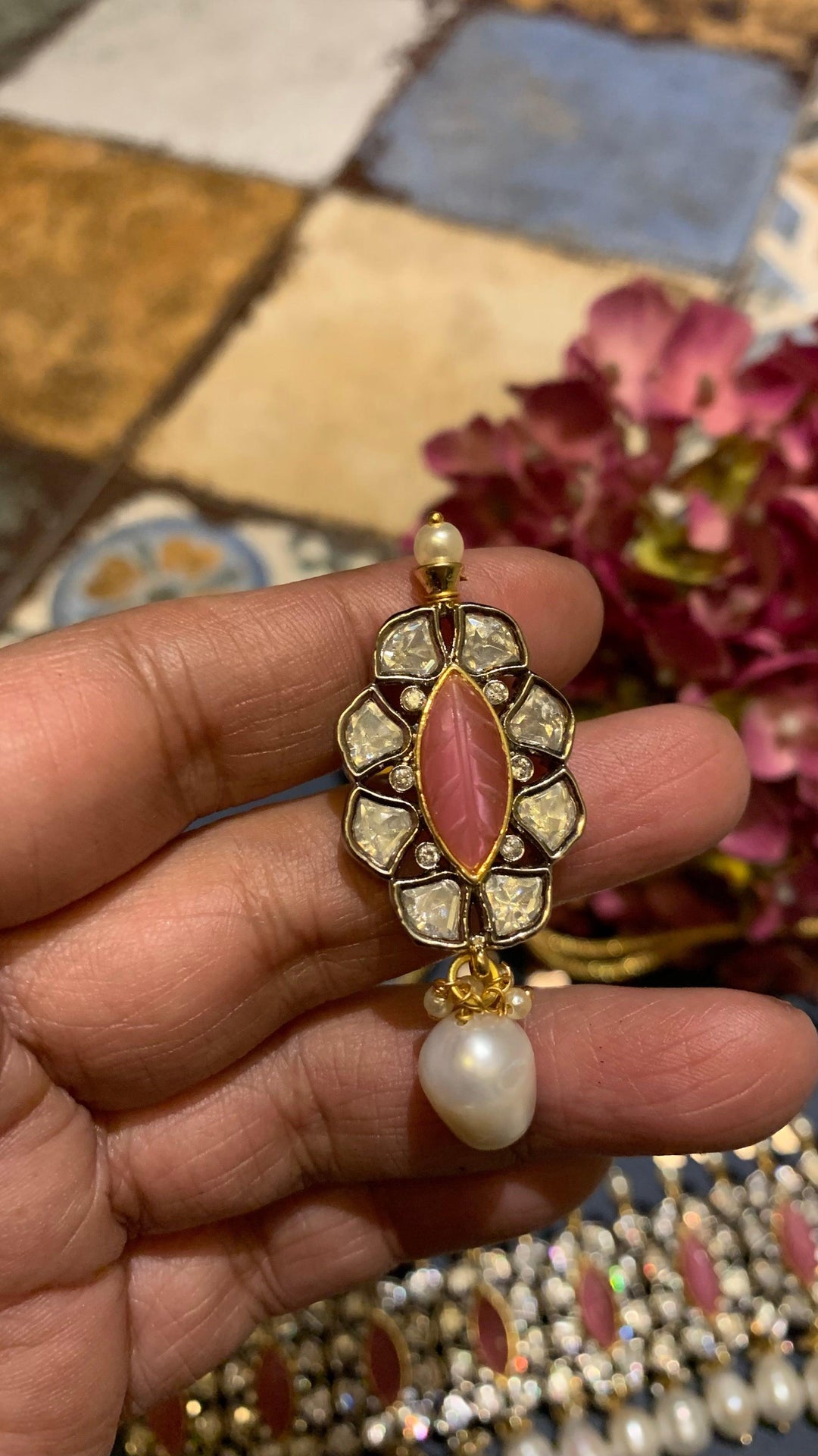 Scintillating Pink Kundan Choker with Earrings - SHIVKA