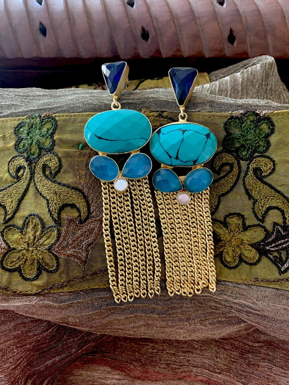 Turquoise Tasseled Danglers - SHIVKA