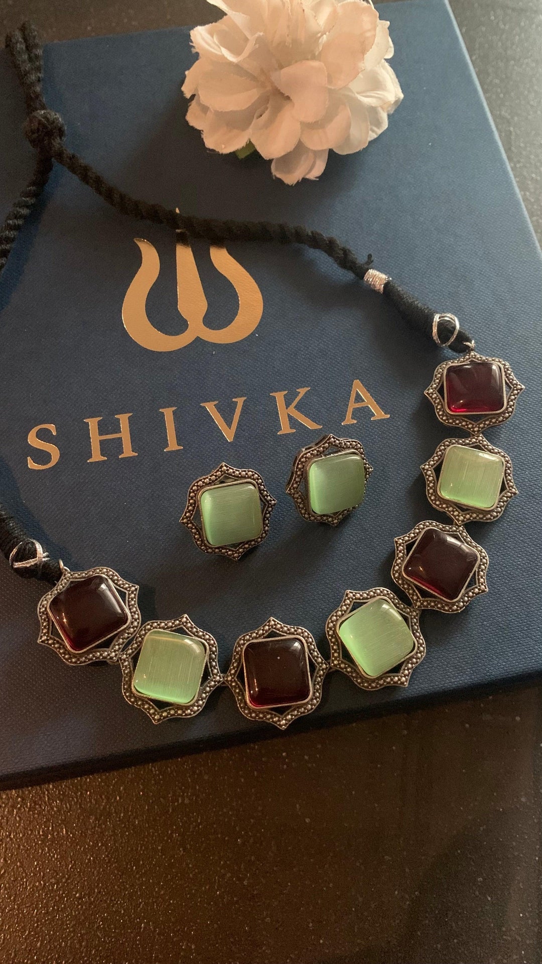 Statement Multicoloured Stones Necklace with Studs - SHIVKA