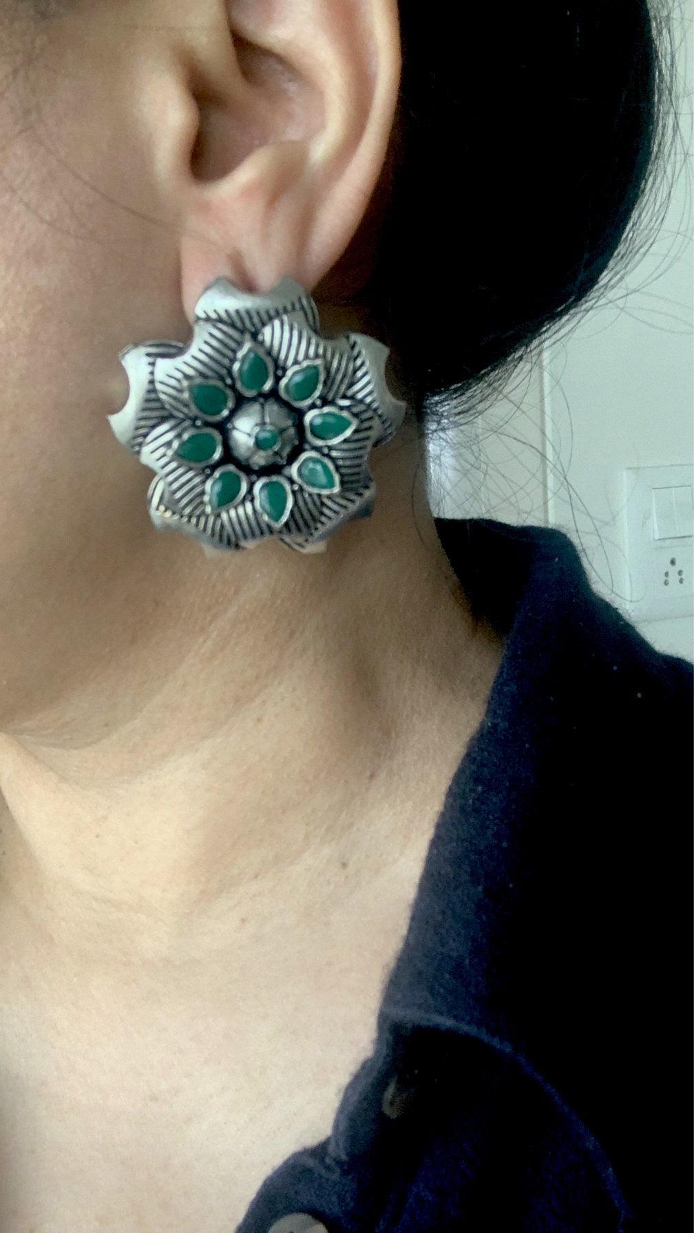 Oversized Antique Green Stone Studs - SHIVKA