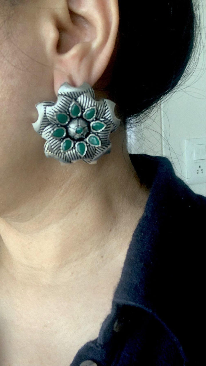 Oversized Antique Green Stone Studs - SHIVKA
