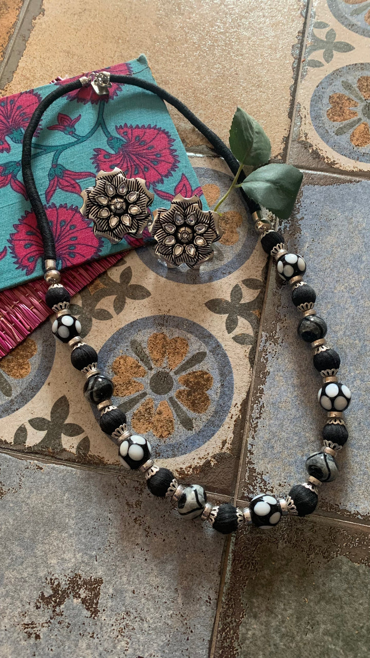 Black and Silver Beaded Necklace with Statement Studs