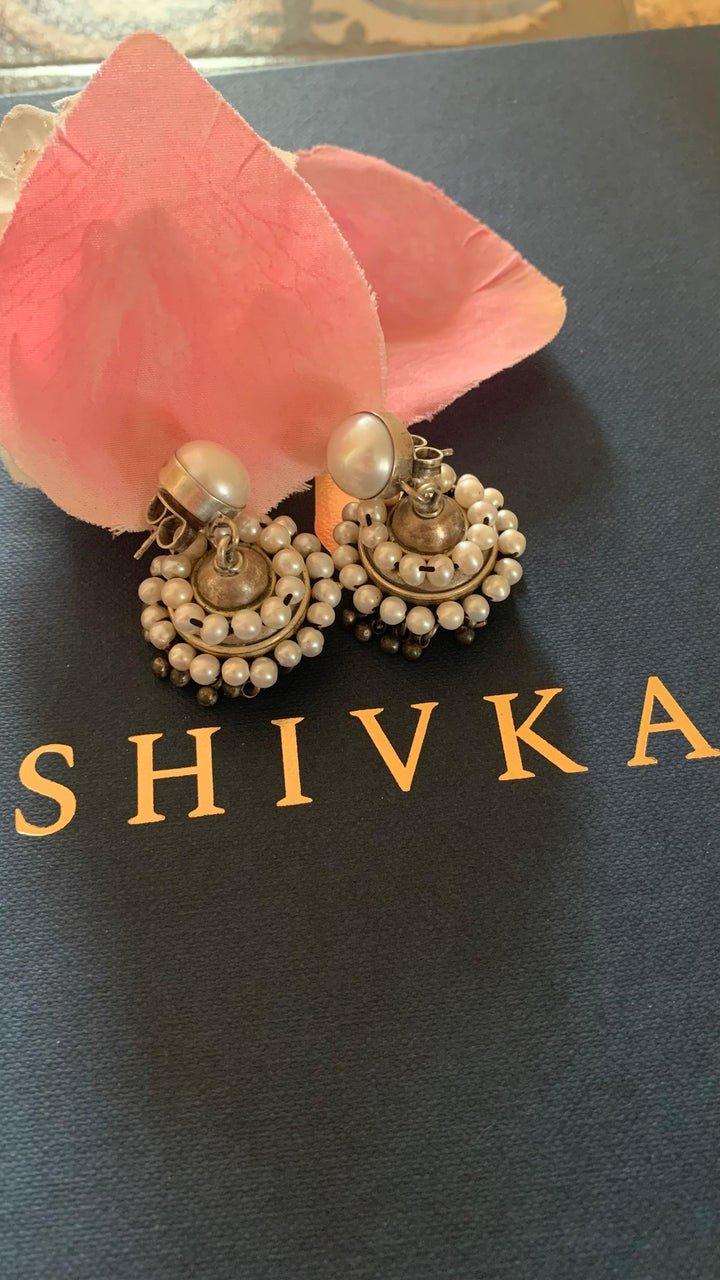 Vintage Pure 925 Silver Pearl Jhumki Earrings - SHIVKA