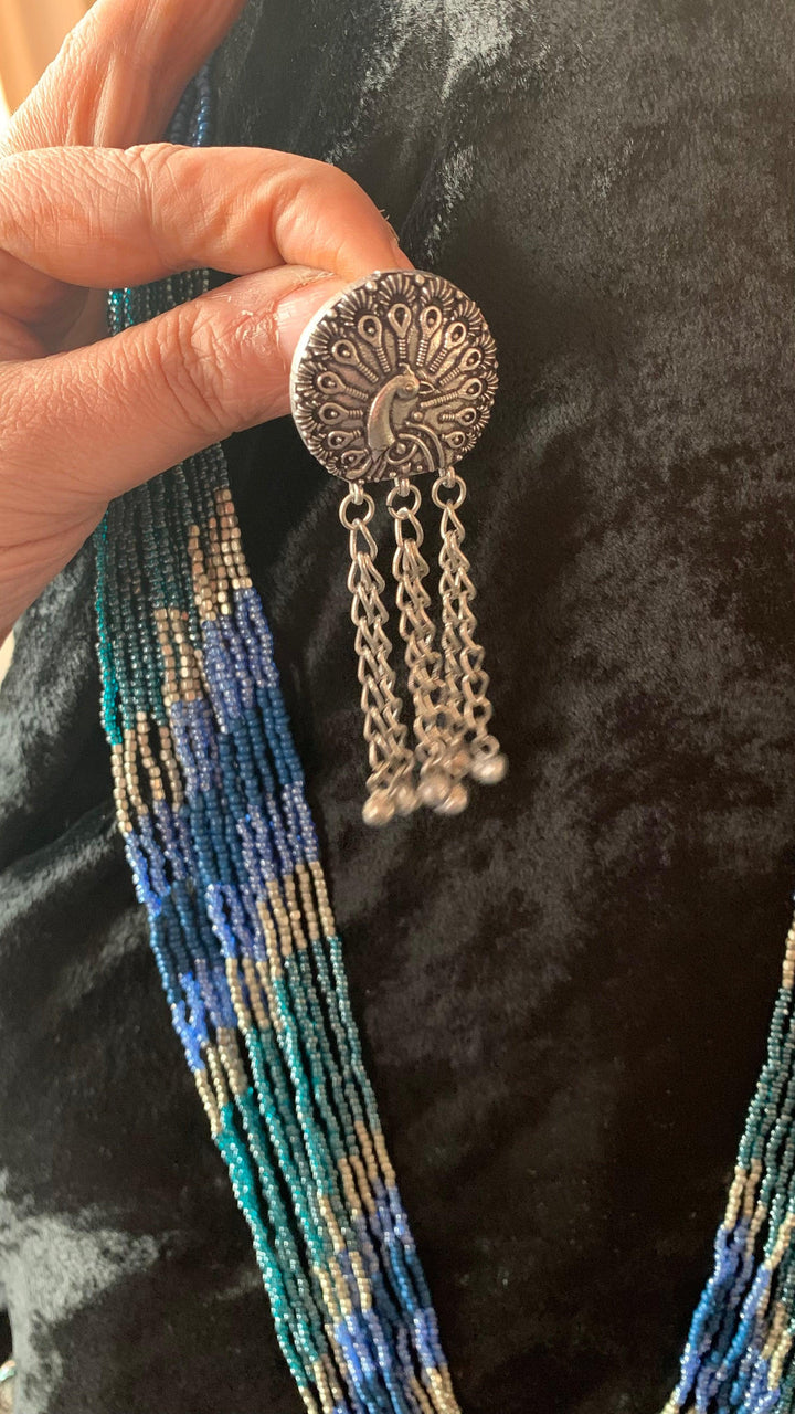 Maharani Blue Beaded Necklace with Statement Peacock Earrings - SHIVKA