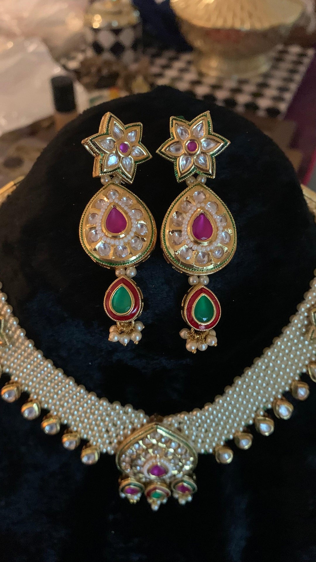 Pearl Mesh Kundan Choker with Earrings - SHIVKA