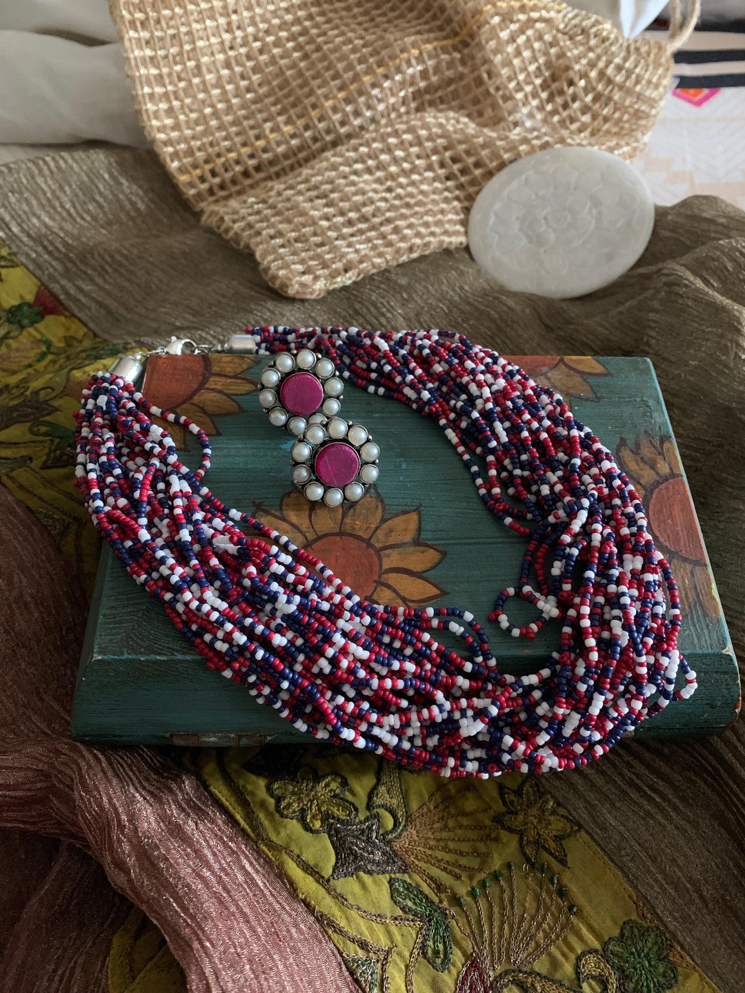 Statement Multicoloured Necklace with Gemstones Studs - SHIVKA