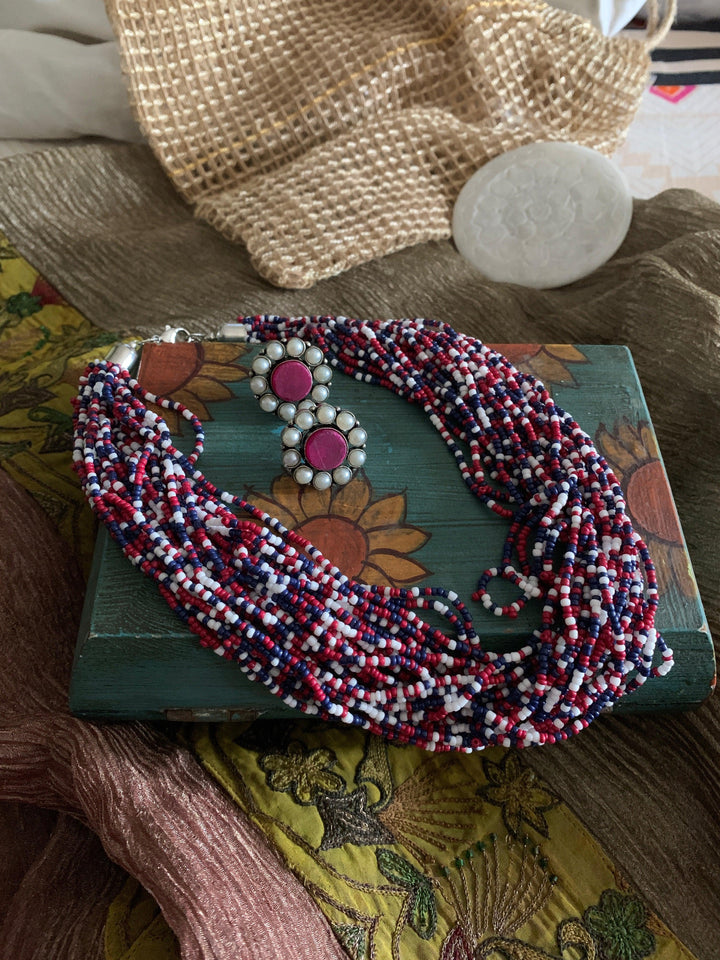 Statement Multicoloured Necklace with Gemstones Studs - SHIVKA