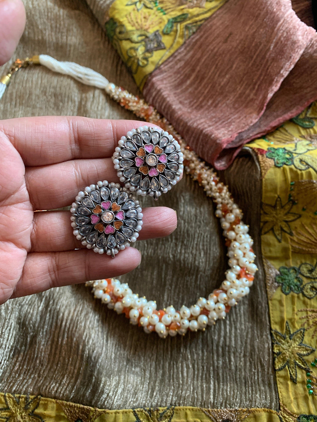 Pearl Clusters Necklace with Zirconia Studs - SHIVKA