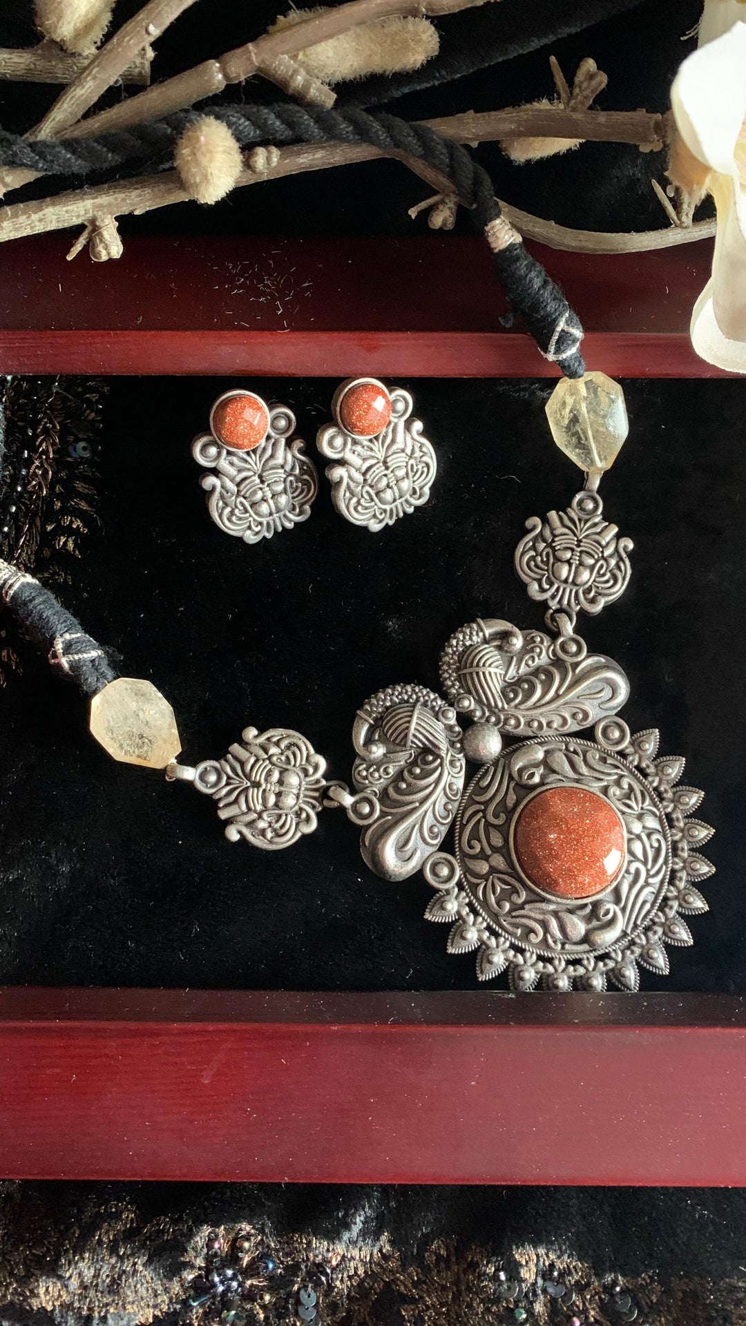 Vintage Carved Pendant Necklace with Studs - SHIVKA